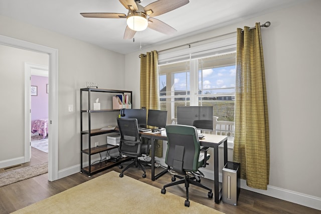 office with baseboards, wood finished floors, visible vents, and ceiling fan