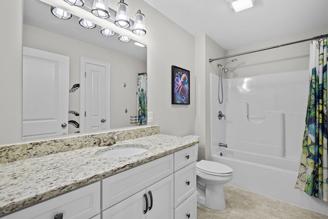 full bath featuring shower / bath combo with shower curtain, toilet, and vanity