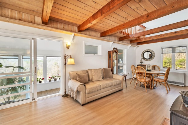 living room with light wood-type flooring, wooden ceiling, and beamed ceiling