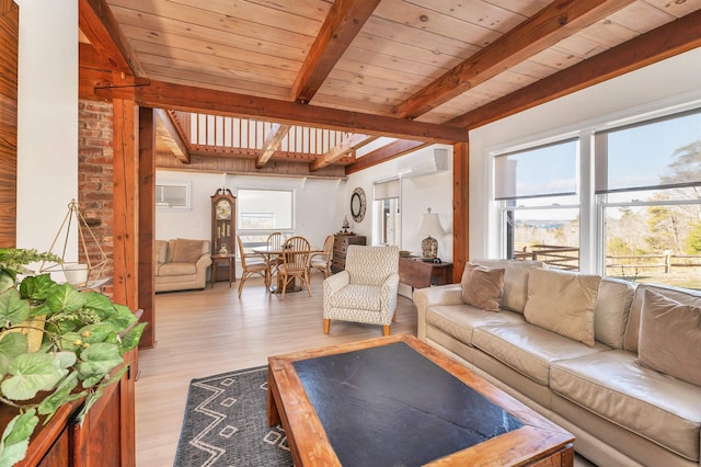 living room featuring wood ceiling, light wood-style flooring, beam ceiling, and a wall unit AC