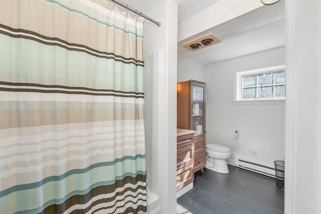 bathroom with a baseboard heating unit, vanity, shower / bath combination with curtain, toilet, and visible vents