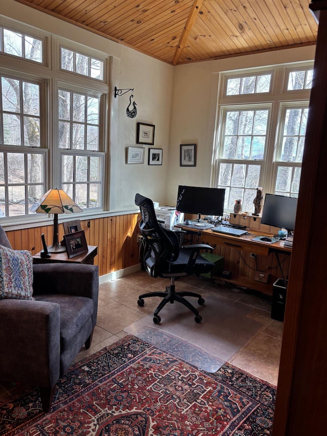 tiled home office with wood ceiling, a wainscoted wall, and a wealth of natural light