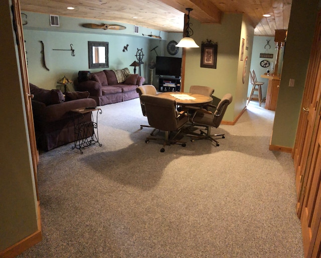 living area featuring recessed lighting, visible vents, carpet flooring, and wood ceiling