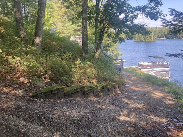 dock area featuring a water view and a wooded view