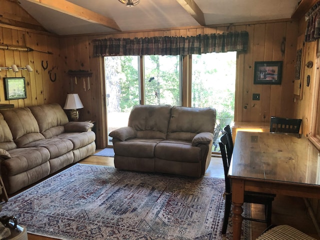 living room featuring wooden walls, wood finished floors, and a healthy amount of sunlight