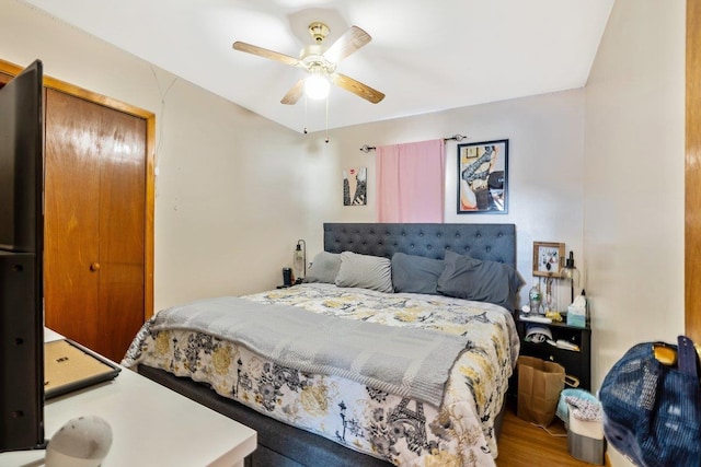 bedroom with ceiling fan, wood finished floors, and a closet