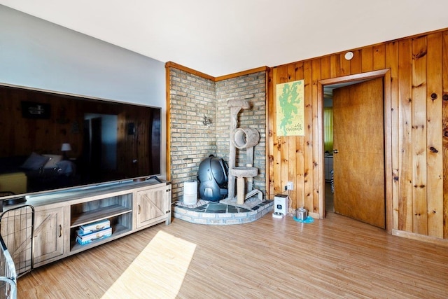 living area with wooden walls, wood finished floors, and a wood stove