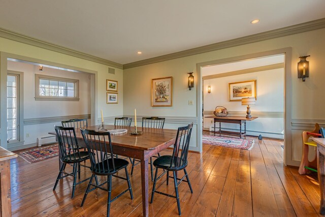 3360 Dorset W Rd, Dorset, VT 05251 - dining space with a baseboard heating unit, hardwood / wood-style floors, and crown molding