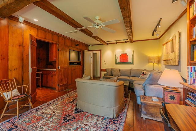 3360 Dorset W Rd, Dorset, VT 05251 - living room featuring ornamental molding, wood-type flooring, a ceiling fan, and beam ceiling
