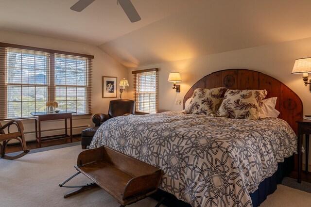 3360 Dorset W Rd, Dorset, VT 05251 - carpeted bedroom with a baseboard radiator, lofted ceiling, and ceiling fan