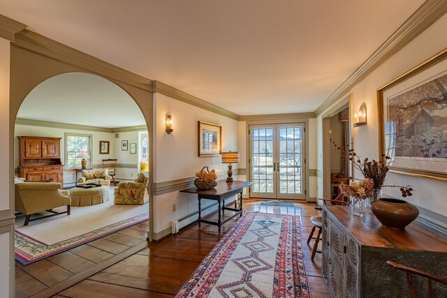 3360 Dorset W Rd, Dorset, VT 05251 - interior space with a baseboard heating unit, a wealth of natural light, french doors, and arched walkways