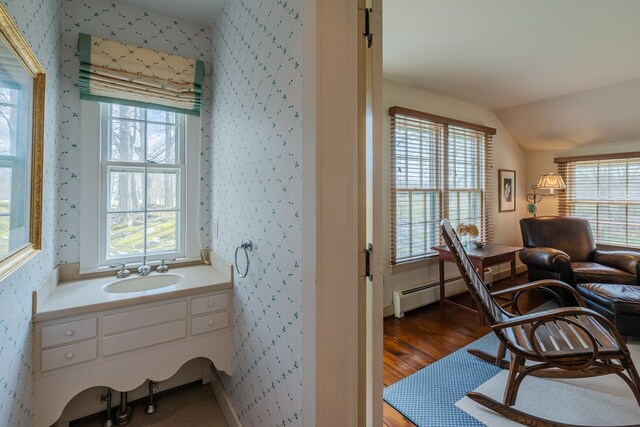 3360 Dorset W Rd, Dorset, VT 05251 - bathroom featuring wallpapered walls, a sink, and a healthy amount of sunlight