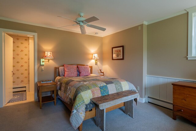 3360 Dorset W Rd, Dorset, VT 05251 - carpeted bedroom with a baseboard radiator, ornamental molding, and a ceiling fan