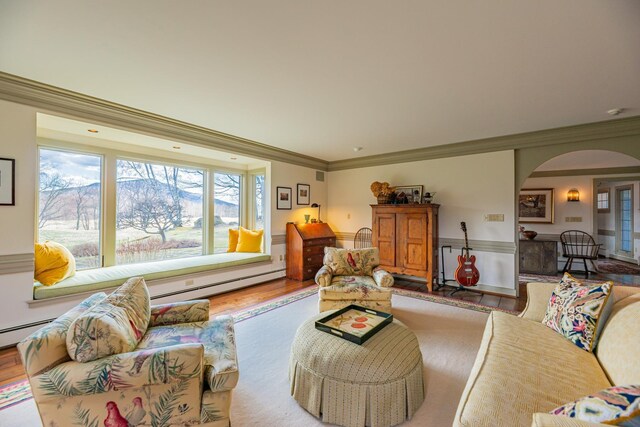 3360 Dorset W Rd, Dorset, VT 05251 - living room with a baseboard heating unit, arched walkways, crown molding, and wood finished floors