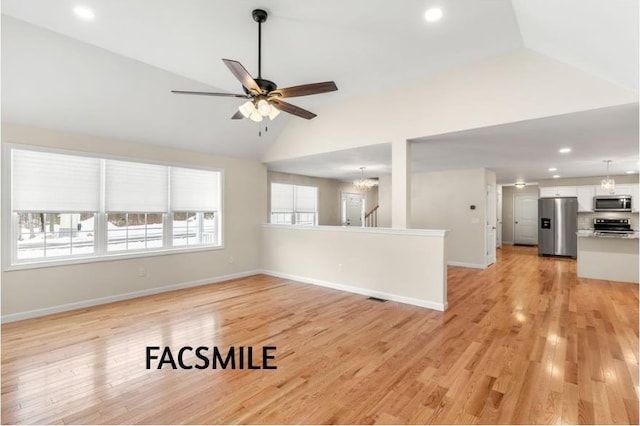 102 Laurel Rd Unit 30, Hooksett, NH 03106 - unfurnished living room featuring high vaulted ceiling, ceiling fan, baseboards, light wood finished floors, and recessed lighting