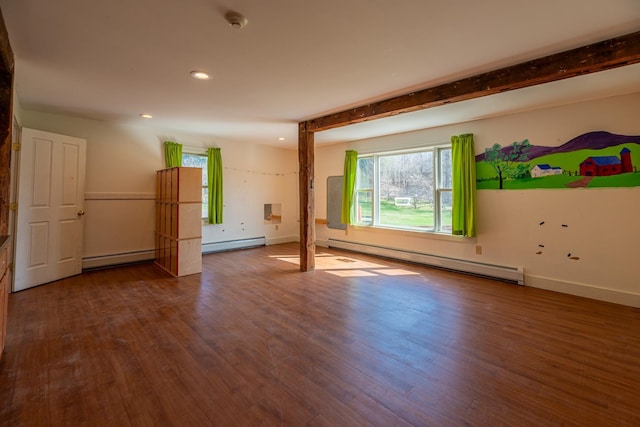 spare room with recessed lighting, wood finished floors, baseboards, and baseboard heating