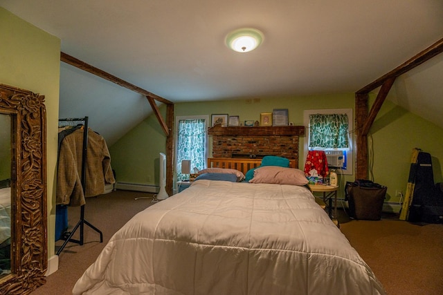 carpeted bedroom featuring a baseboard heating unit, lofted ceiling, and cooling unit