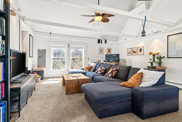living room featuring a ceiling fan, a wall unit AC, vaulted ceiling with beams, baseboard heating, and light colored carpet