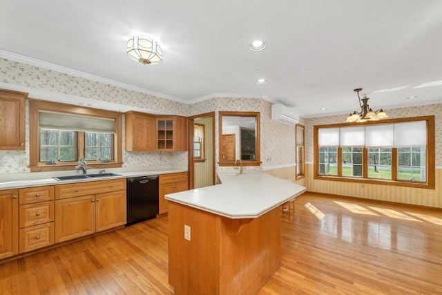 11 Harvest Run, Gilford, NH 03249 - kitchen with a sink, wallpapered walls, dishwasher, ornamental molding, and an AC wall unit