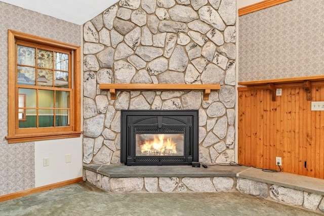 11 Harvest Run, Gilford, NH 03249 - interior details featuring baseboards, wallpapered walls, and a fireplace