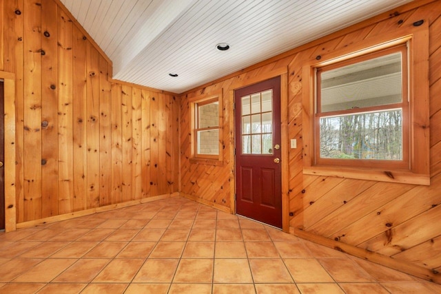 11 Harvest Run, Gilford, NH 03249 - doorway to outside with baseboards, wooden walls, and wood ceiling