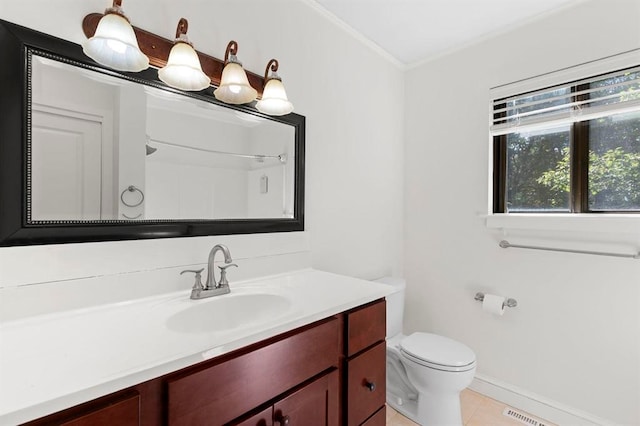 1 Dunvegan Woods Dr, Hampton, NH 03842 - full bathroom with crown molding, tile patterned floors, vanity, baseboards, and toilet