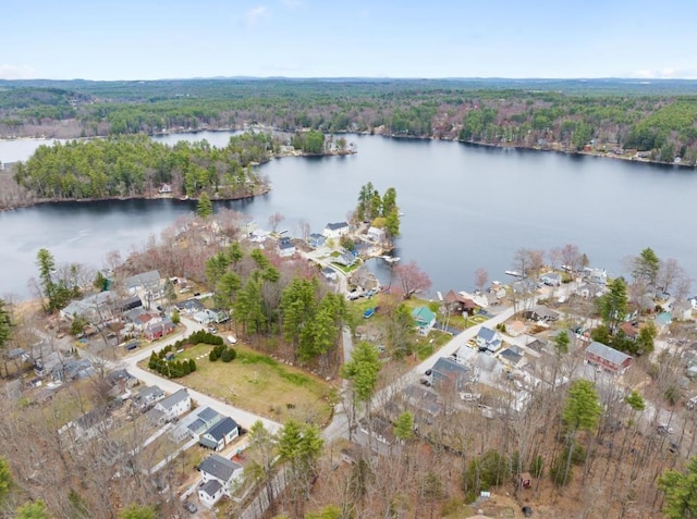 bird's eye view featuring a forest view, a residential view, and a water view