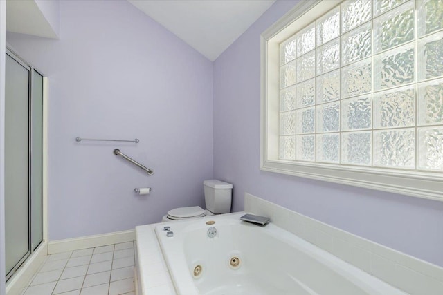 23 Hampton Mdws, Hampton, NH 03842 - bathroom featuring tile patterned flooring, vaulted ceiling, toilet, a tub with jets, and a stall shower