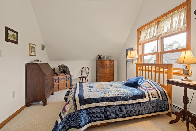 carpeted bedroom featuring a baseboard heating unit, vaulted ceiling, and baseboards