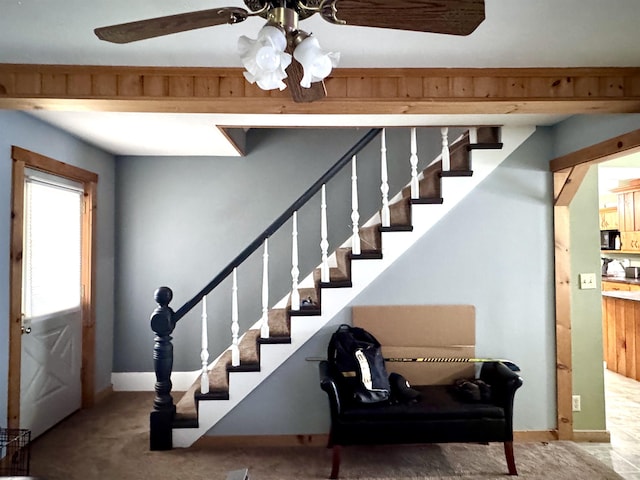 14 Summer St, Northumberland, NH 03582 - staircase featuring baseboards, carpet floors, and ceiling fan