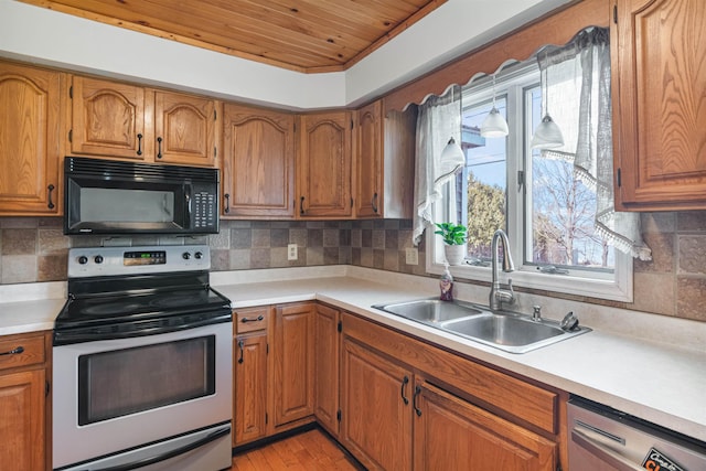 kitchen featuring wood ceiling, stainless steel appliances, a sink, and brown cabinets