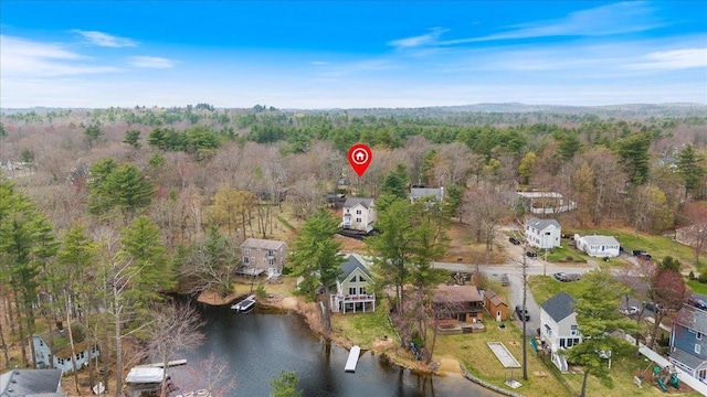 bird's eye view with a view of trees and a water view