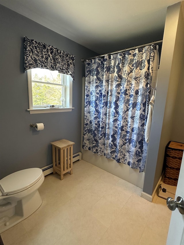 full bath with a baseboard heating unit, shower / bath combo with shower curtain, and toilet