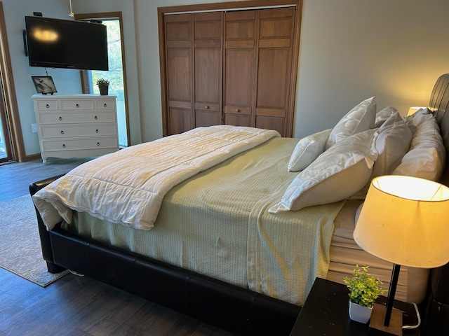 bedroom featuring dark wood-style flooring and a closet