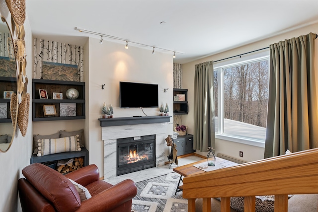 living room featuring track lighting and a premium fireplace