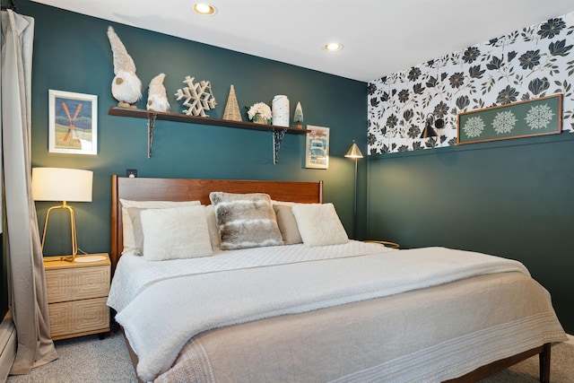carpeted bedroom with recessed lighting