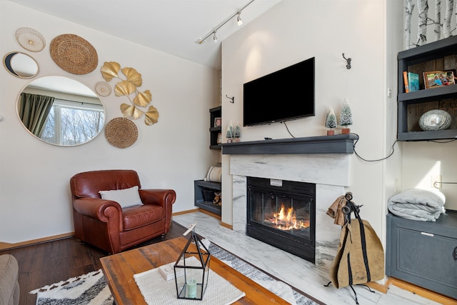 living room with baseboards, wood finished floors, rail lighting, and a high end fireplace