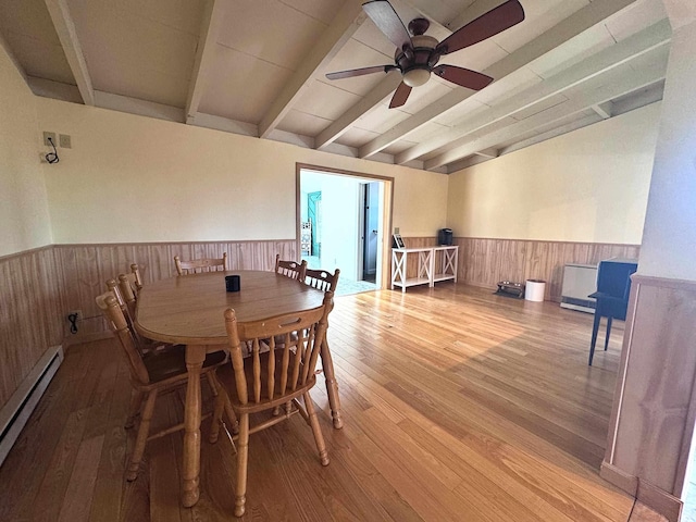dining space with a baseboard heating unit, a wainscoted wall, a ceiling fan, hardwood / wood-style floors, and wooden walls