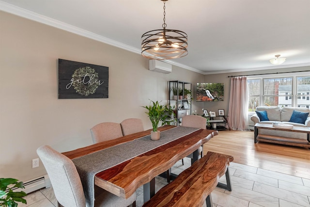 dining space with a chandelier, a baseboard radiator, an AC wall unit, and ornamental molding