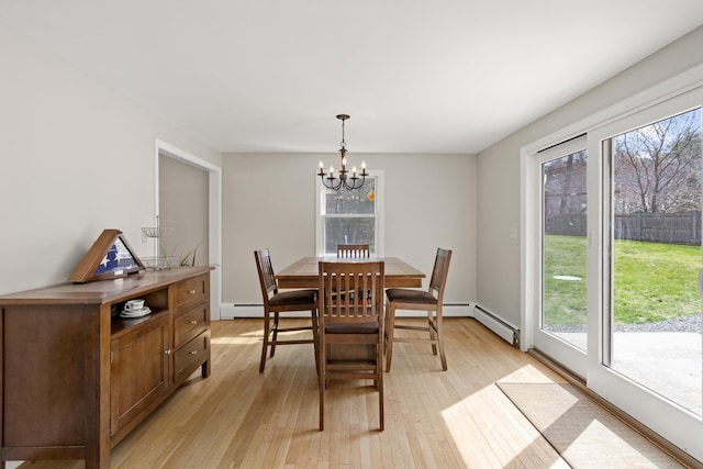 dining area with light wood finished floors, a chandelier, and a healthy amount of sunlight