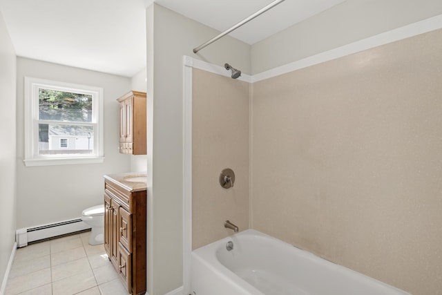 full bathroom with toilet, bathtub / shower combination, tile patterned flooring, vanity, and a baseboard radiator