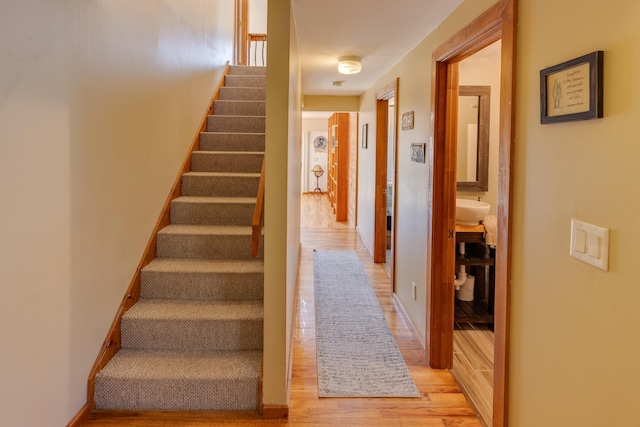 stairs featuring wood finished floors
