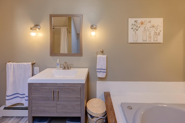 full bath with curtained shower, vanity, a bathtub, and a baseboard radiator