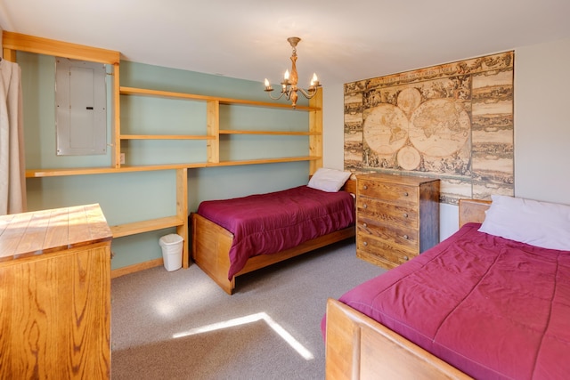 bedroom featuring a chandelier, electric panel, and carpet