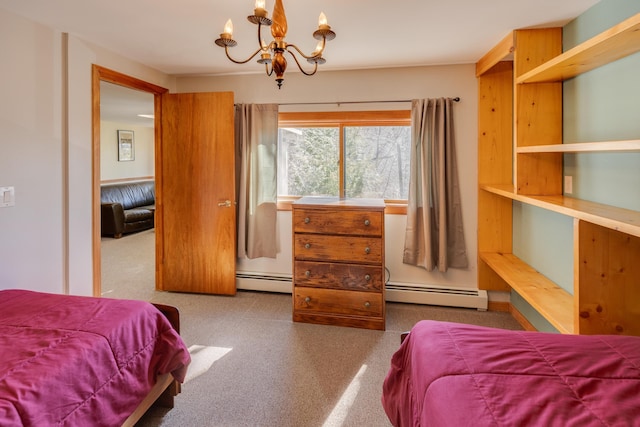 bedroom featuring a baseboard radiator and an inviting chandelier