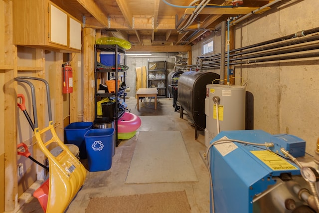 unfinished basement with heating fuel and electric water heater