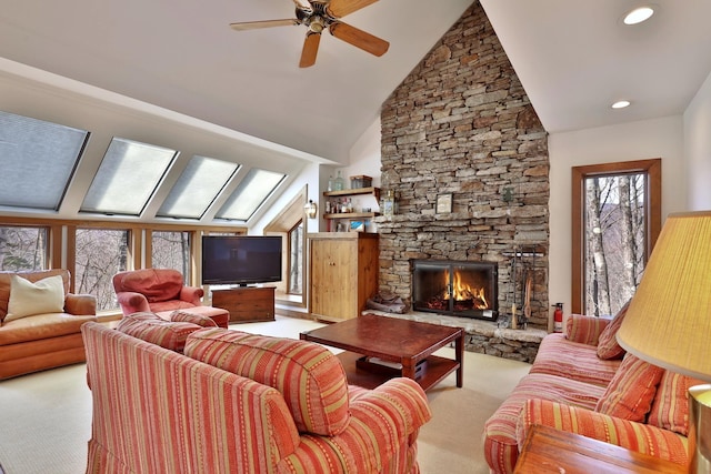 78 Coopers Trce, Plymouth, VT 05056 - living room featuring high vaulted ceiling, ceiling fan, light colored carpet, and a fireplace