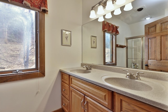 78 Coopers Trce, Plymouth, VT 05056 - full bathroom with a sink, double vanity, and a stall shower
