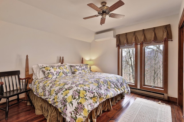 78 Coopers Trce, Plymouth, VT 05056 - bedroom with baseboard heating, lofted ceiling, hardwood / wood-style floors, and a wall mounted AC