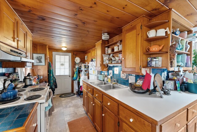 kitchen with open shelves, white range with electric stovetop, a sink, brown cabinets, and under cabinet range hood